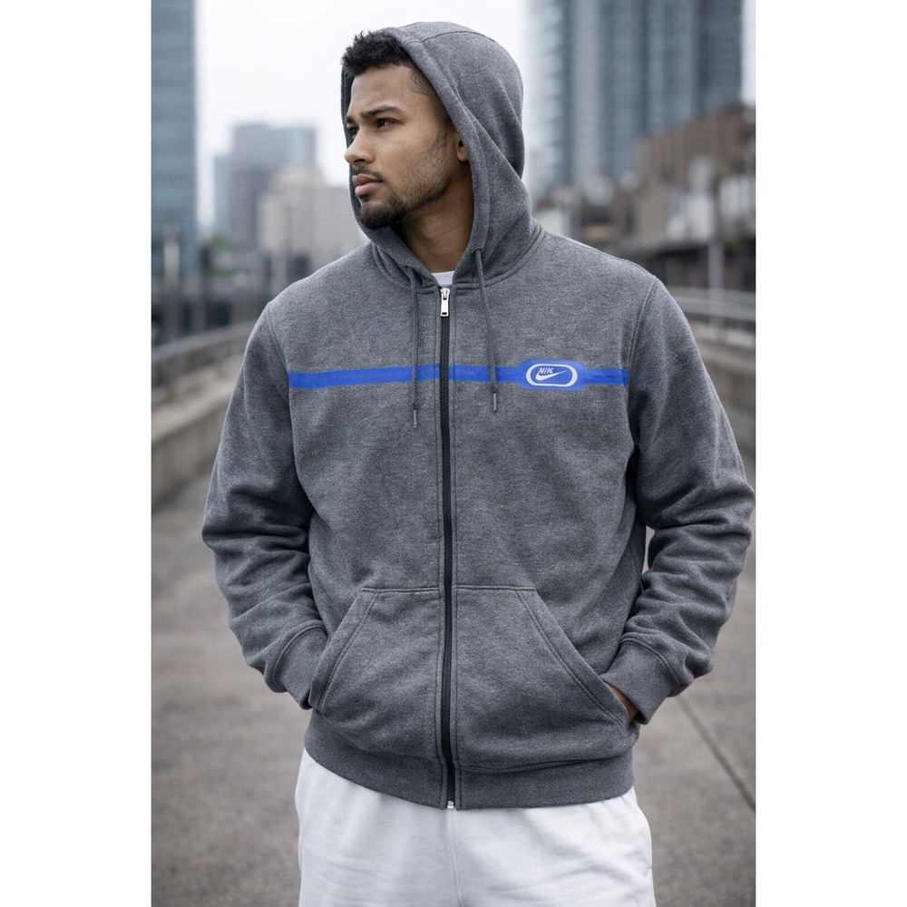 Nike Hoodie Men's Large Gray Full Zip Swoosh Stripe Sweatshirt Y2K Athletic